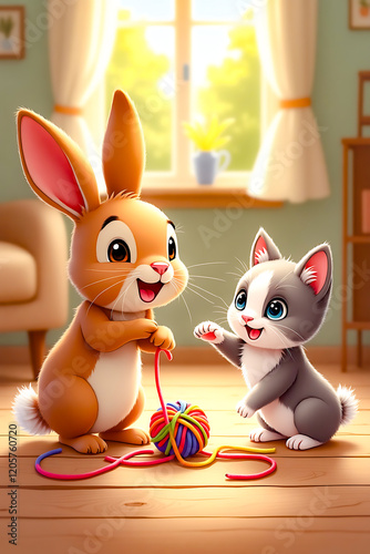 Playful Bunny and Kitty Enjoying a Ball of Yarn – Adorable Pet Moment