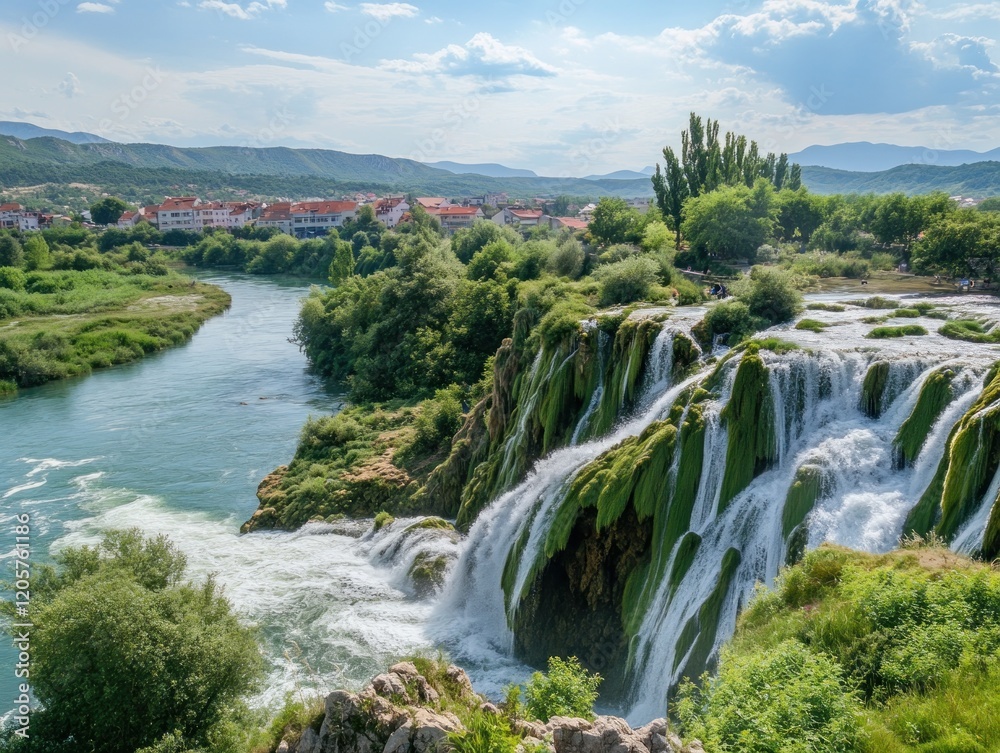 Beautiful Waterfall Cascading into River with Town in the Distance on Summer Day Beautiful Waterfall Cascading into River with Town in the Distance on Summer Day