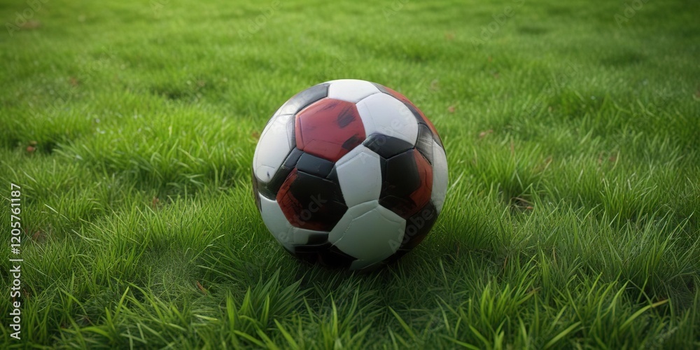 Obraz premium Red and black soccer ball design on green grass field, soccer, ball