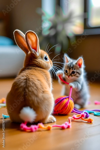 Playful Bunny and Kitty Enjoying a Ball of Yarn – Adorable Pet Moment