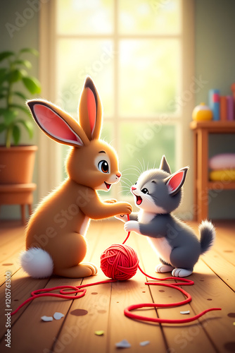 Playful Bunny and Kitty Enjoying a Ball of Yarn – Adorable Pet Moment