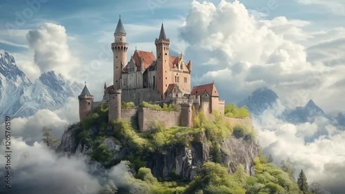 Wallpaper Mural Scene of majestic castle on top of the mountain, smooth repeating motion for background video animation. Torontodigital.ca