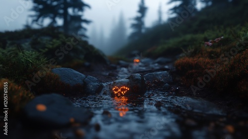 Enchanted Forest Stream: Glowing Rocks in Misty Woods