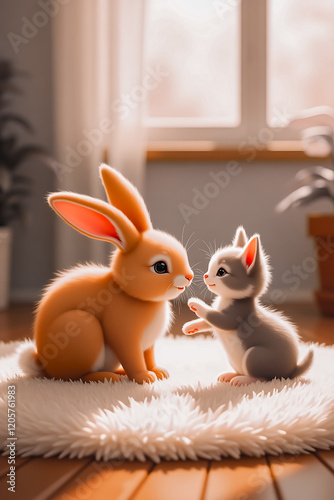 Bunny Gently Nudging Kitty with Its Nose – Adorable Animal Interaction