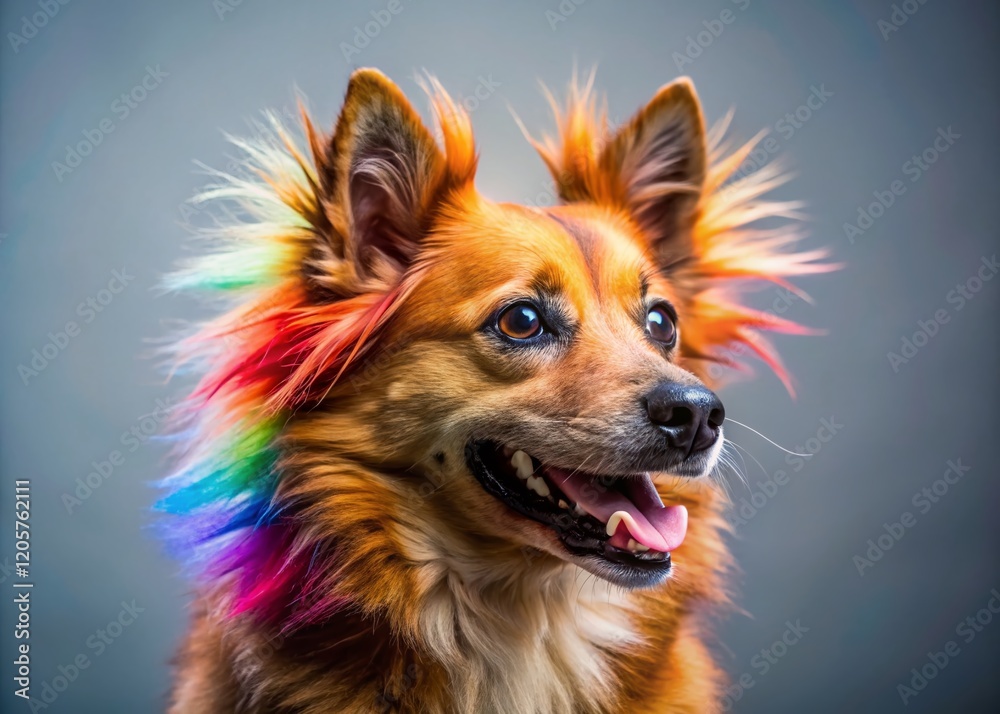 Naklejka premium Brown Dog with Colorful Mohawk - Playful Pet Portrait, Left Facing, Copy Space
