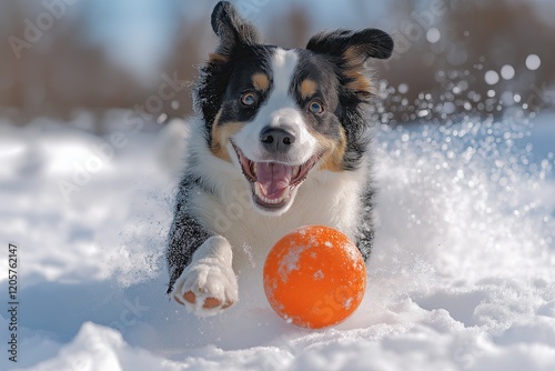 Joyful Border Collie leaps through snow chasing a bright orange ball under a clear blue sky photo