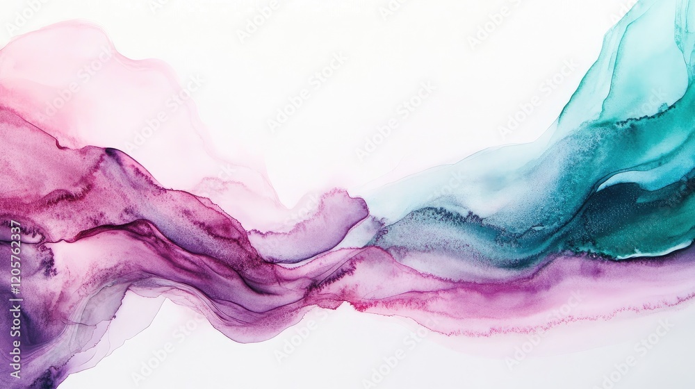 Fototapeta premium Abstract watercolor texture with soft, blended hues of pink, purple, and teal on a white background.