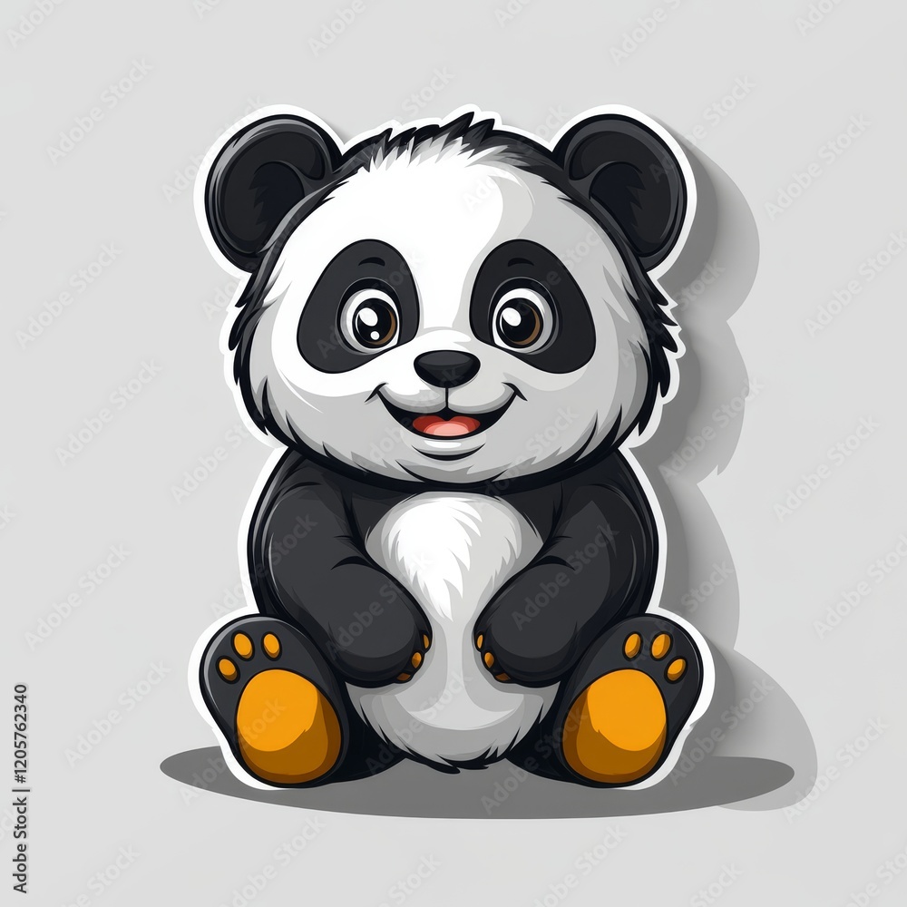 Fototapeta premium Adorable cartoon panda sitting with a cheerful smile against a light background, showcasing a cute and playful design