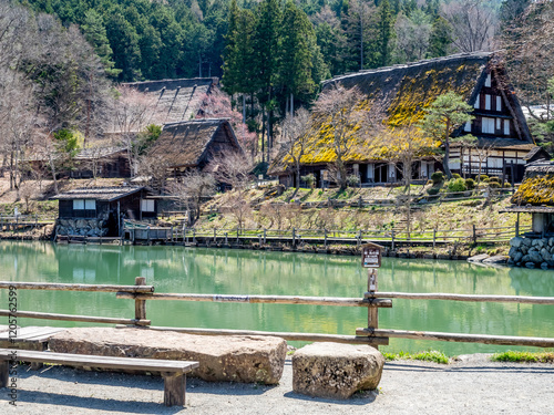 Gassho-zukuri settlement, building in Gifu style, old classic house style in Gifu area of Japan, for durable and protection from cold in winter  photo