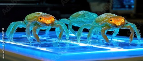 Luminous Translucent Crabs on Glowing Blue Surface: A Surreal Underwater Scene photo