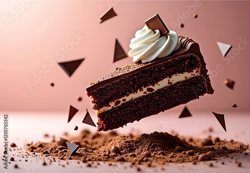 Ultra-high-resolution food photography of a decadent chocolate cake slice floating in mid-air, captured with dynamic motion to emphasize its luxurious appeal. photo