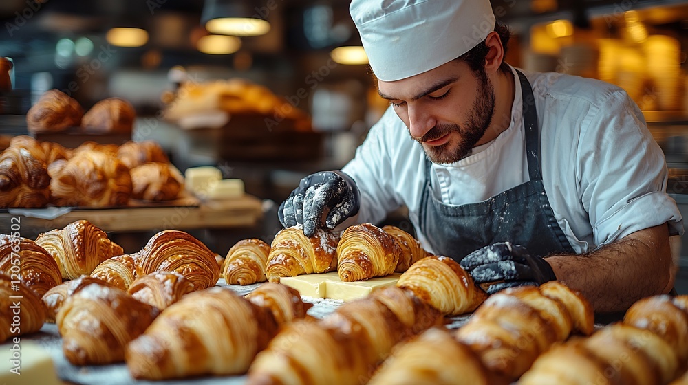 Baker meticulously preparing dough for croissants layering butter and folding with precision in a bakery filled with the scent of fresh pastries Baker meticulously preparing dough for croissants layering butter and folding with precision in a bakery filled with the scent of fresh pastries
