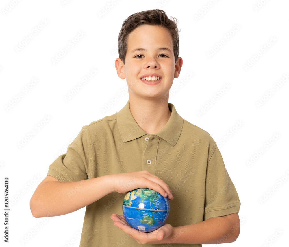 Happy boy holding globe in hands - isolated on transparent background. Ecological concept. PNG transparent.