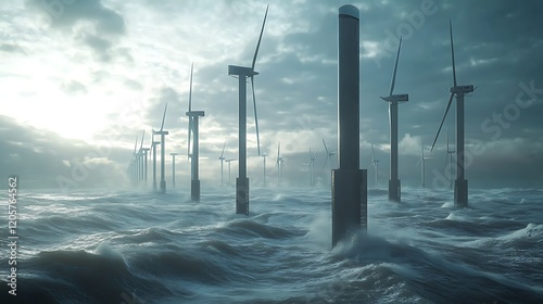 Offshore wind turbines harnessing energy from waves. photo