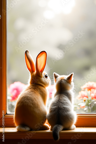 Bunny and Kitty Watching Outside a Window Together – Adorable Pet Companions