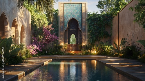 Serene Oasis Poolside Garden With Moorish Architecture photo