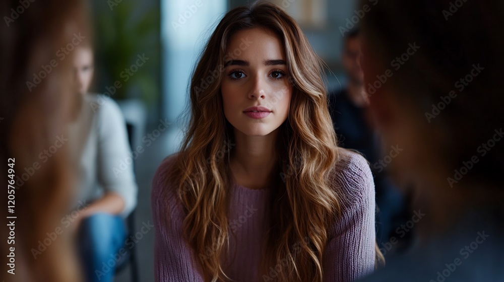 Young Woman in a Group Setting, Intense Gaze, Thoughtful Expression, Purple Sweater, Indoor Portrait Young Woman in a Group Setting, Intense Gaze, Thoughtful Expression, Purple Sweater, Indoor Portrait