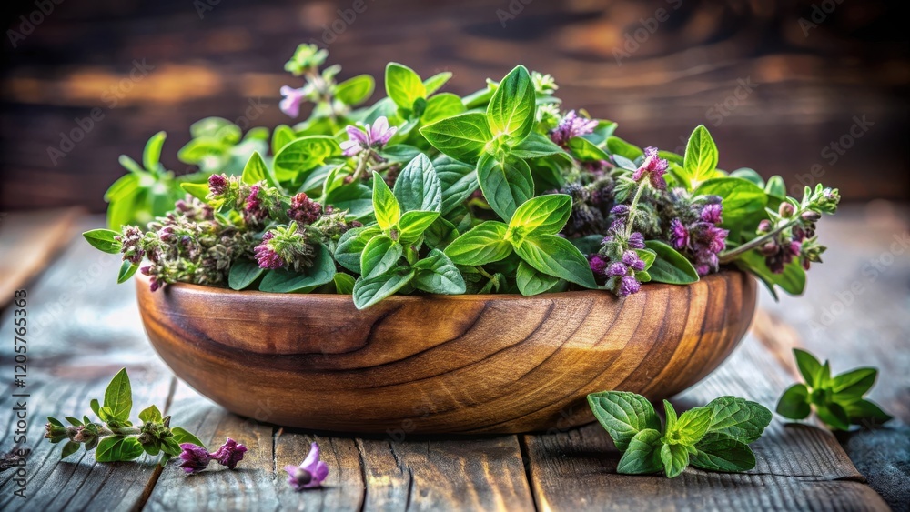 A bundle of fragrant fresh oregano leaves with delicate green and purple hues A bundle of fragrant fresh oregano leaves with delicate green and purple hues