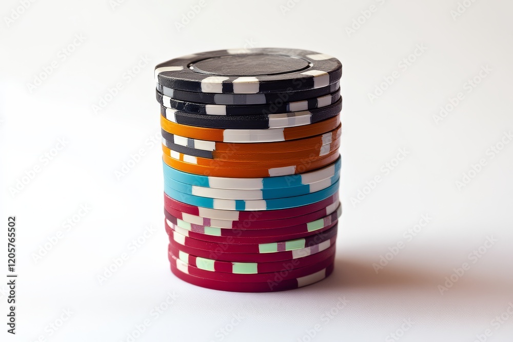 A stack of colorful casino chips arranged neatly, showcasing various colors and patterns against a simple background. A stack of colorful casino chips arranged neatly, showcasing various colors and patterns against a simple background.