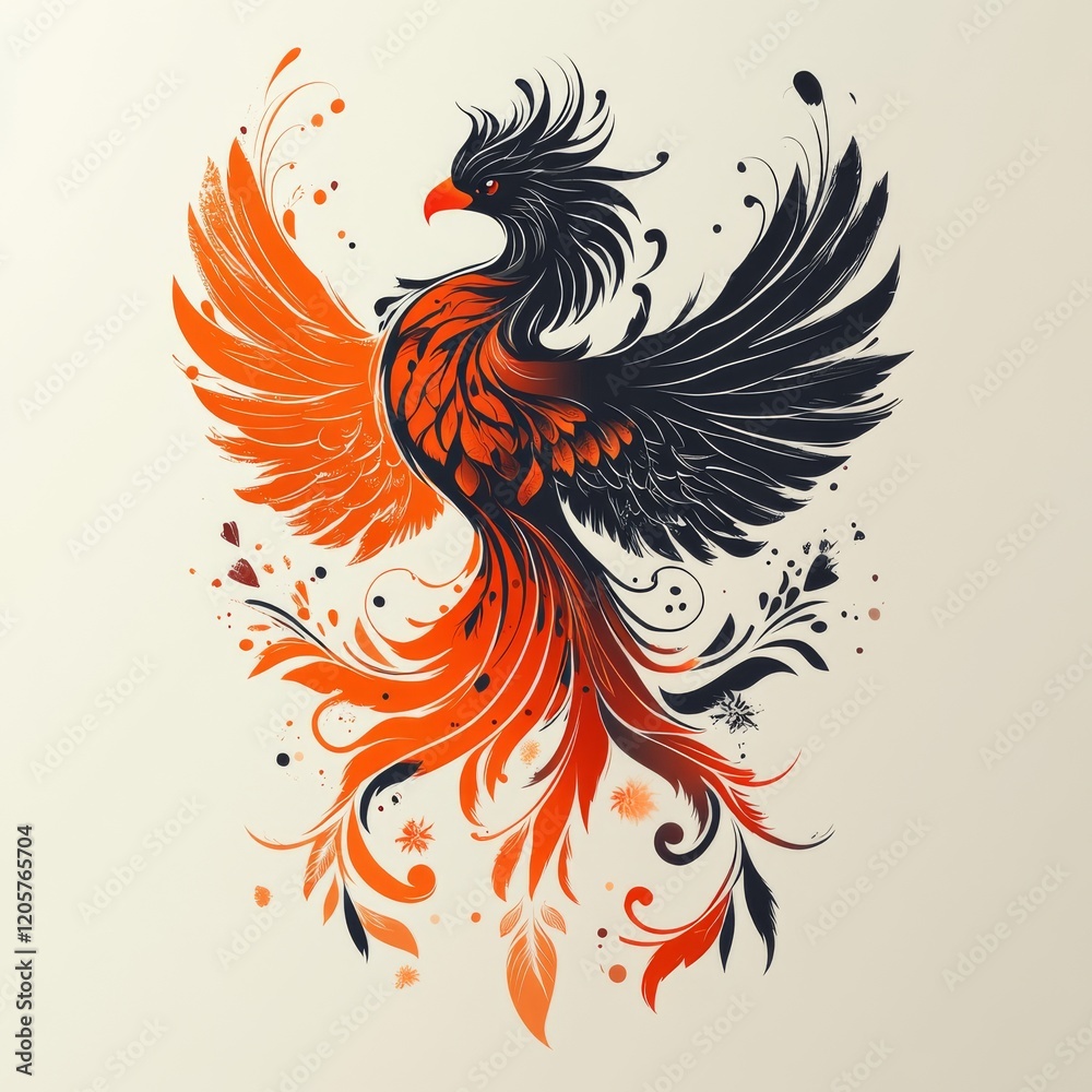 Stylized Phoenix in Black and Orange with Intricate Feather Designs and Swirling Details Stylized Phoenix in Black and Orange with Intricate Feather Designs and Swirling Details
