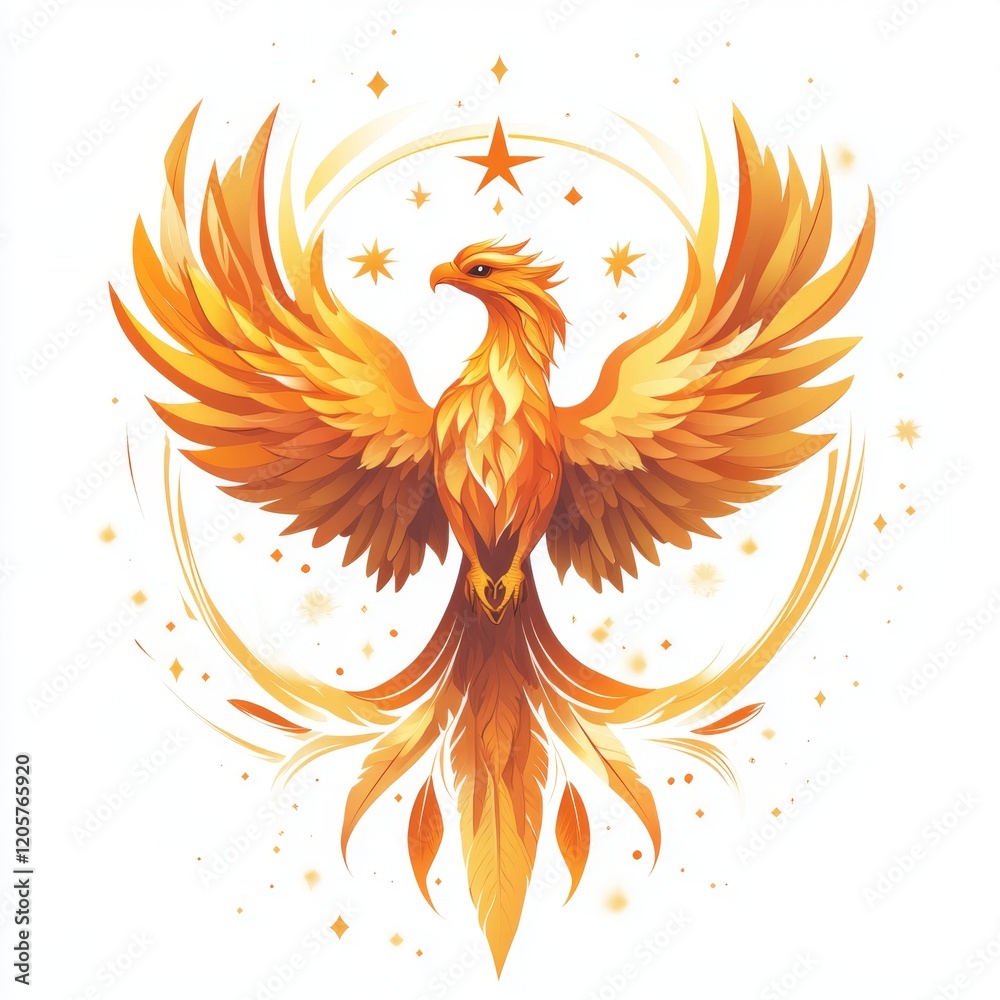 Obraz premium Majestic Golden Phoenix Rises with Starry Sparkle on White Background, A Symbol of Rebirth and Power, Artistic Illustration of the Mythical Bird