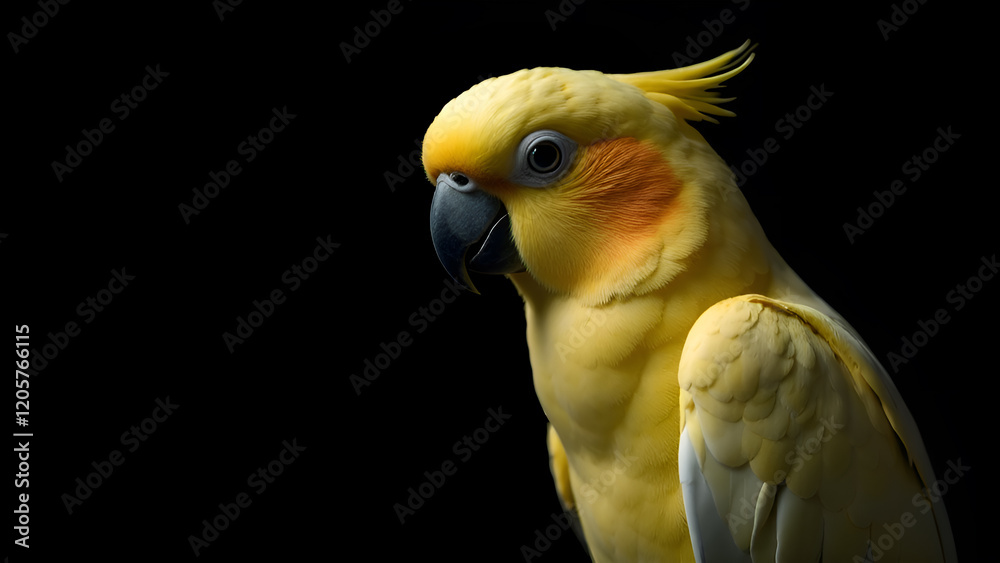 This image presents a detailed closeup view of a vibrant yellow parrot set against a striking black background, showcasing its distinctive features