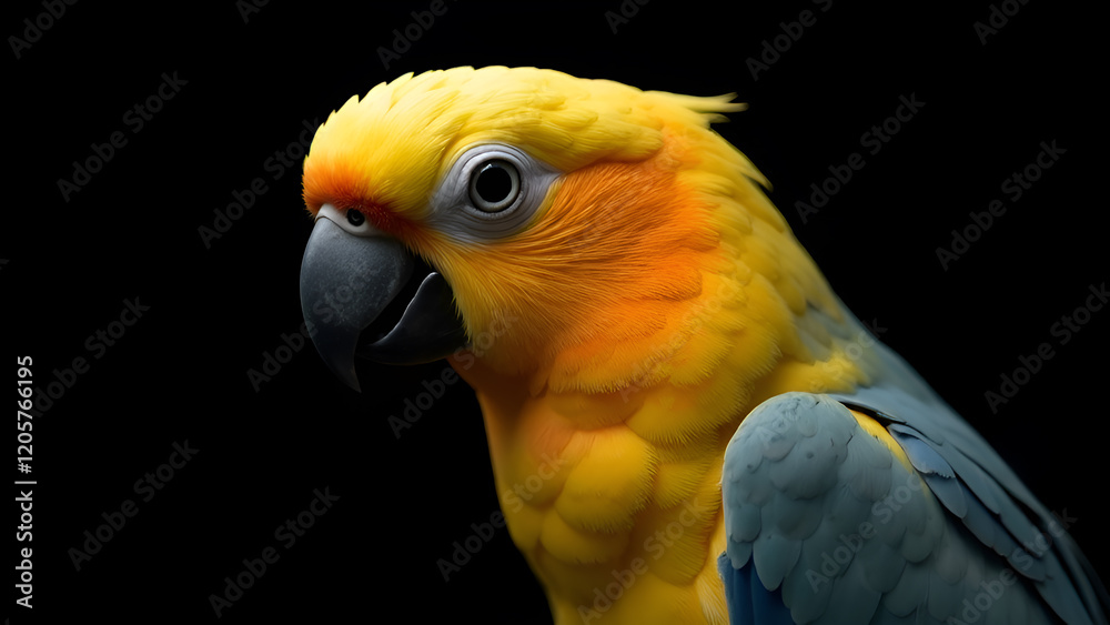 This image presents a detailed closeup view of a vibrant yellow parrot set against a striking black background, showcasing its distinctive features