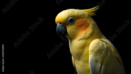 Obraz na płótnie This image presents a detailed closeup view of a vibrant yellow parrot set against a striking black background, showcasing its distinctive features w salonie