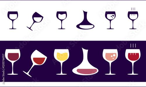 Modern icon set of wine glasses and decanter