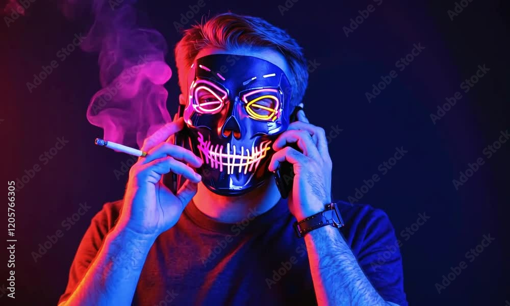 man in a scary glowing death mask holds a phone to head, smokes and nods in a neon flashing light with glitch effect