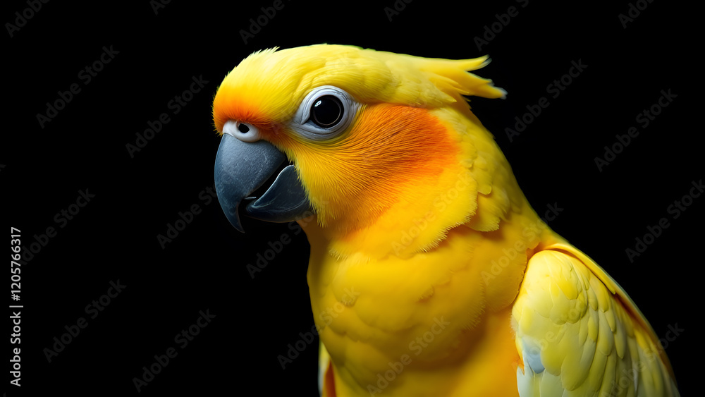 This image presents a detailed closeup view of a vibrant yellow parrot set against a striking black background, showcasing its distinctive features