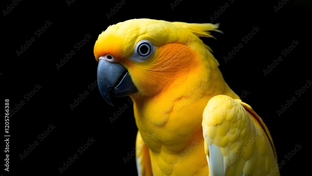 This image presents a detailed closeup view of a vibrant yellow parrot set against a striking black background, showcasing its distinctive features