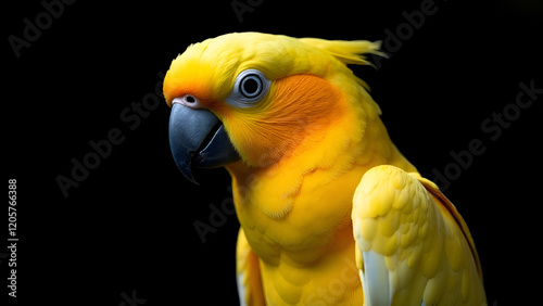 Obraz na płótnie This image presents a detailed closeup view of a vibrant yellow parrot set against a striking black background, showcasing its distinctive features w salonie