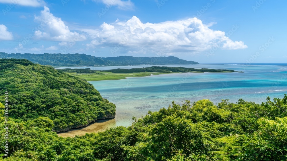 Fototapeta premium Scenic Island View with Lush Greenery and Clear Turquoise Water Under a Cloudy Sky