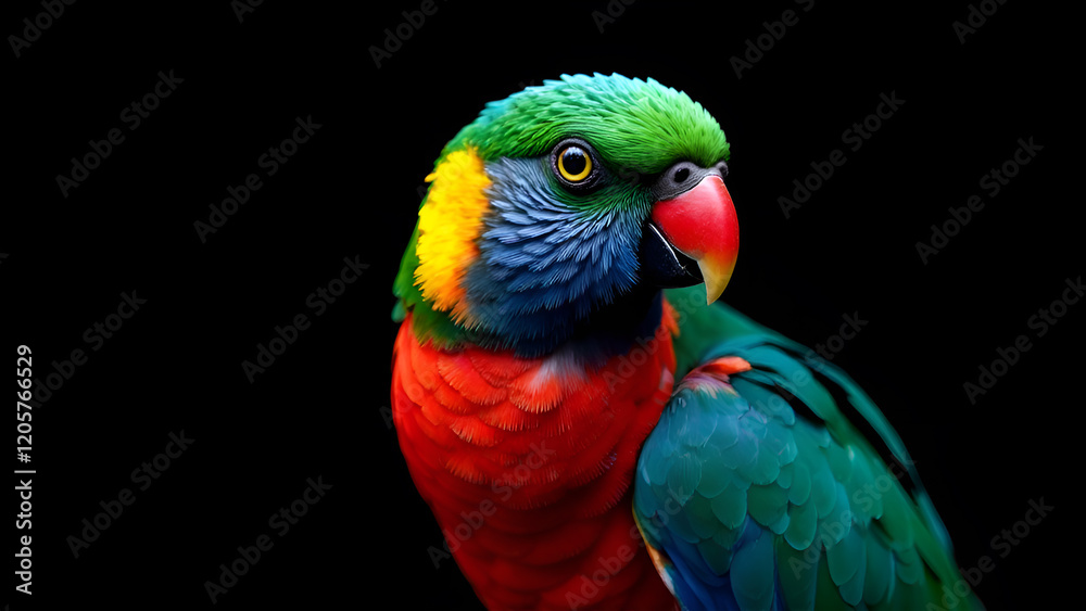 A vivid closeup shot of a vibrant and colorful parrot set against a striking black background, showcasing its stunning features and colors