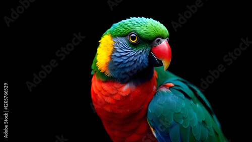 Obraz na płótnie A vivid closeup shot of a vibrant and colorful parrot set against a striking black background, showcasing its stunning features and colors w salonie