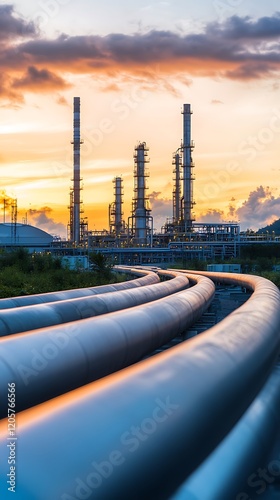 Oil refinery with glowing lights and pipes photo