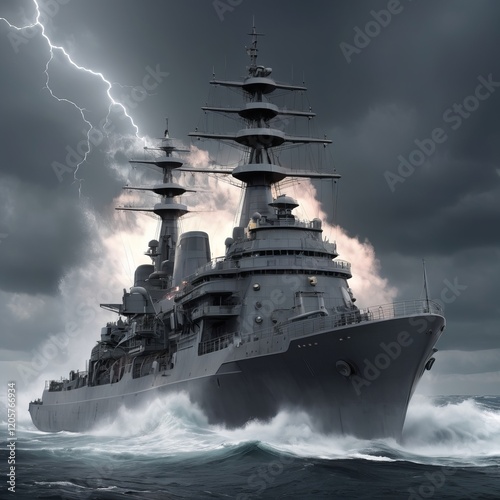 A highly realistic 3D depiction of a massive, steel-gray warship