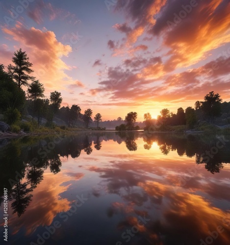 Colorful sunset skies reflecting in the tranquil waters of Willow Lake, serene, clouds