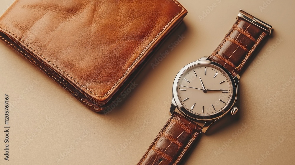 A sophisticated arrangement features a rich leather wallet alongside a classic watch, blending style and functionality in a minimalist setting. Perfect for fashion enthusiasts seeking inspiration A sophisticated arrangement features a rich leather wallet alongside a classic watch, blending style and functionality in a minimalist setting. Perfect for fashion enthusiasts seeking inspiration