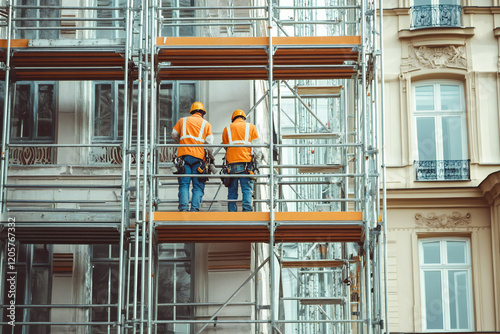 A construction worker on scaffolding on the facade of a building under construction. Reconstruction work on the facade of the building