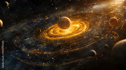 A dynamic infographic explaining the solar system with rotating planets and orbital paths