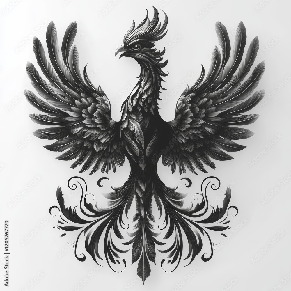 Fototapeta premium Elegant Phoenix Illustration with Detailed Feathers and Swirling Ornamental Tail