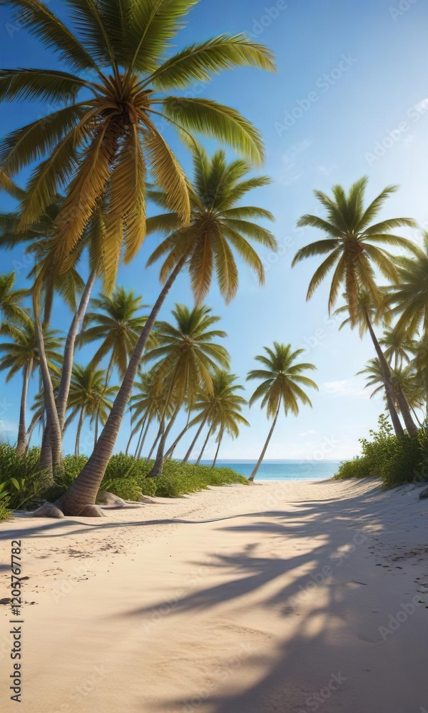 Sandy beach lined with palm trees under a clear blue sky, paradise, film flare Sandy beach lined with palm trees under a clear blue sky, paradise, film flare