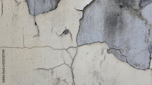 Peeling paint on the wall. White peeling paint on the wall. Old concrete wall with cracked flaking paint. The white painted brick wall surface has scratches and peeling paint.