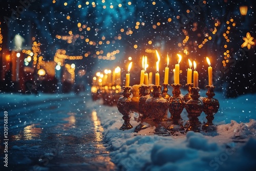 Snowy Bhai Dooj festival with Cyber Monday sales Hanukkah menorah glowing Yalda Night feasts with Human Rights signs across the scene photo