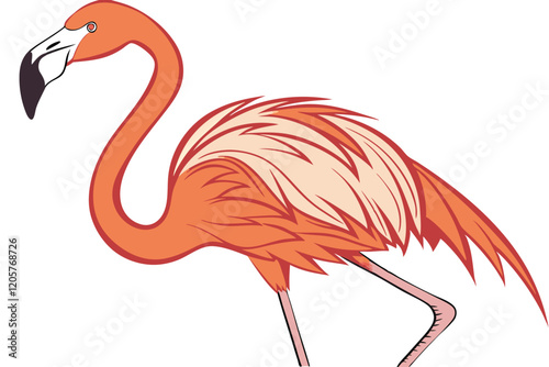 flamingo, vibrant orange feathers, long curved neck, slender legs, graceful pose, white background, photorealistic, detailed plumage, standing on one leg, black beak tip, elegant bird, nature photo