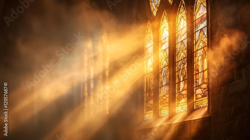 Easter Sunday church scene with sunrise and light shining through stained glass