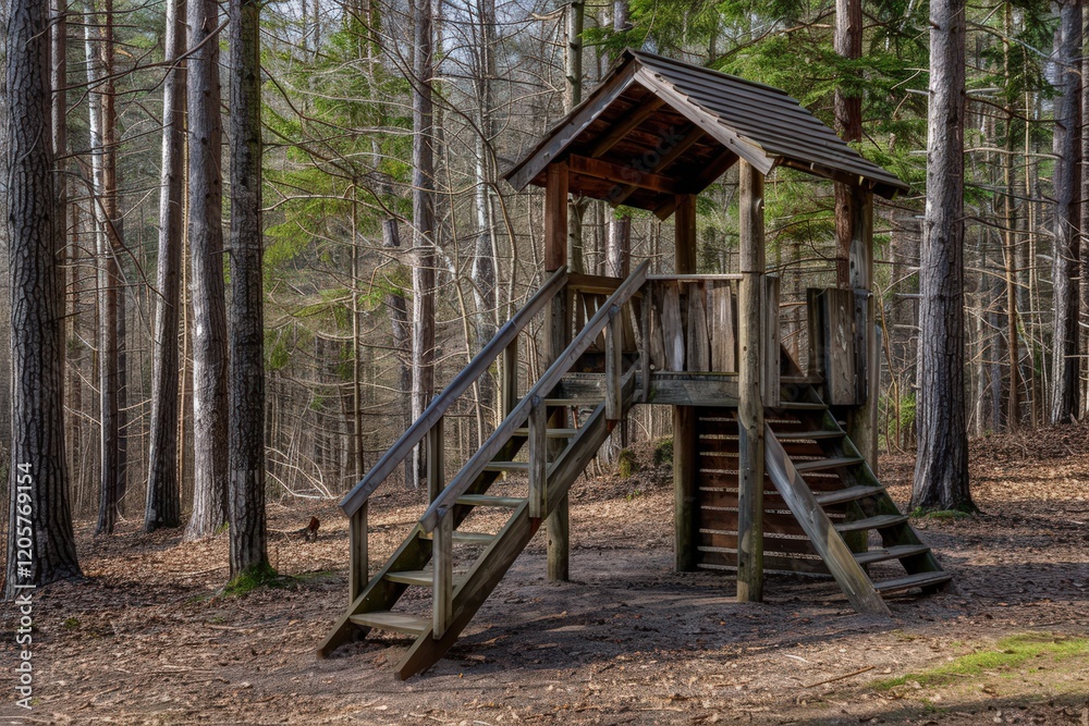 A wooden play structure surrounded by tall trees in a serene forest setting, offering a perfect spot for children's outdoor play. A wooden play structure surrounded by tall trees in a serene forest setting, offering a perfect spot for children's outdoor play.