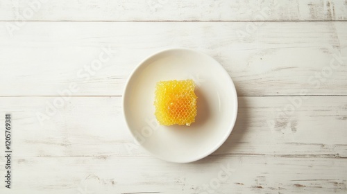 Honeycomb on plate, white wood background, food photography photo